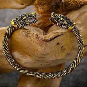 Gold Dragon Viking Head Vintage Norse Arm Band Cuff Bangle Bracelet